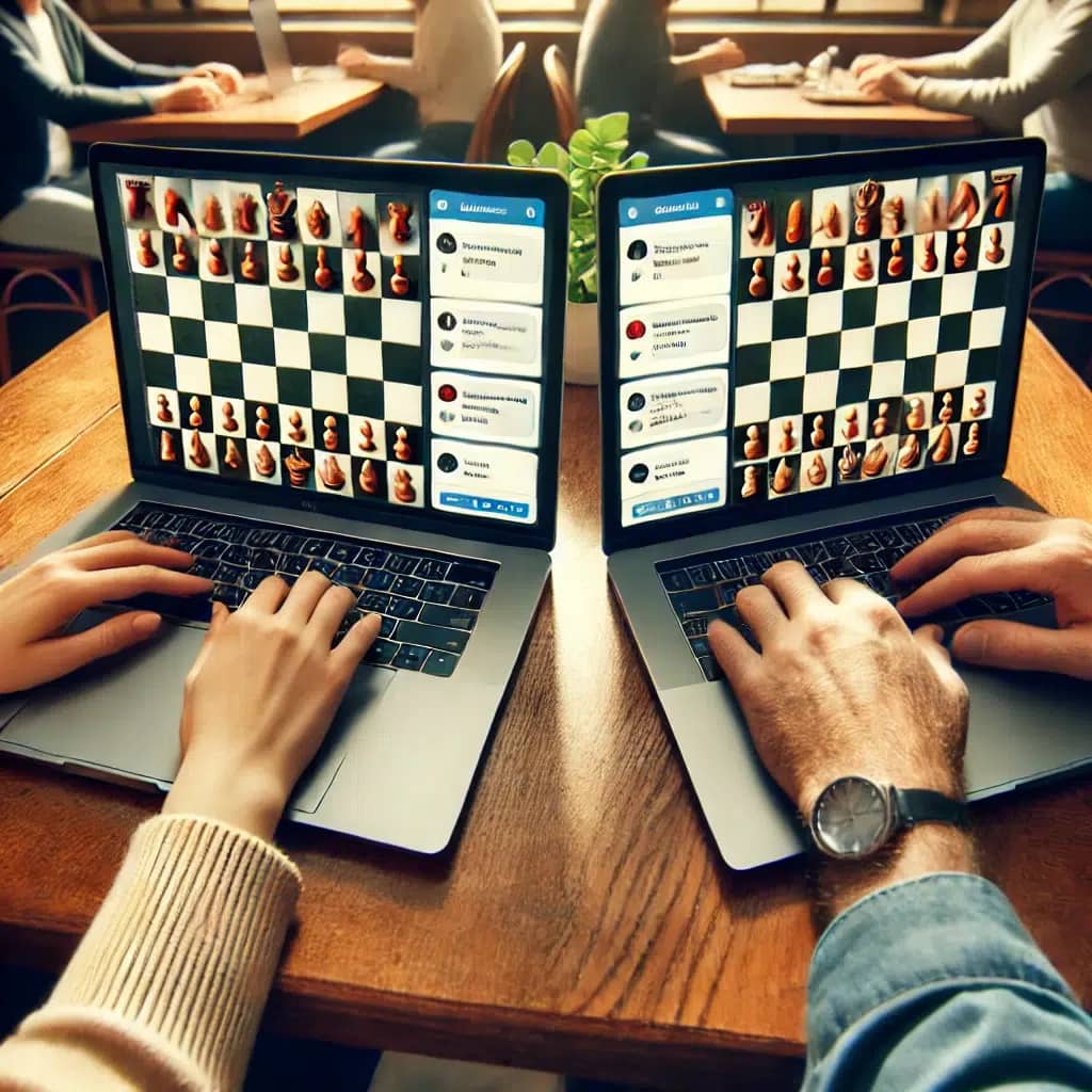 DALL·E 2024 12 14 21 52 11 Two people sitting across from each other, each using a laptop with a chess game displayed on the screens Visible chat windows appear next to the che