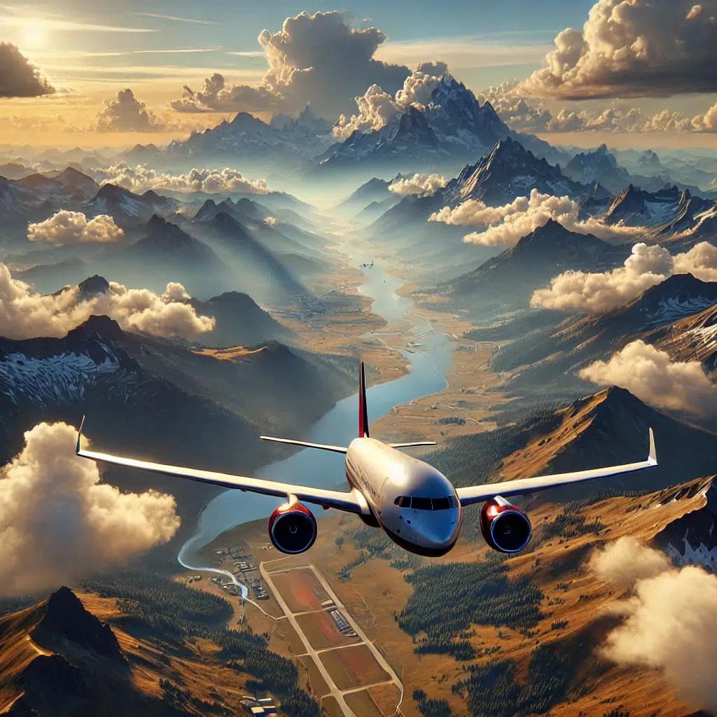 DALL·E 2024 12 22 14 27 56 A stunning screenshot from Microsoft Flight Simulator 2024 showcasing a scenic view of an aircraft flying over a breathtaking mountainous landscape wi