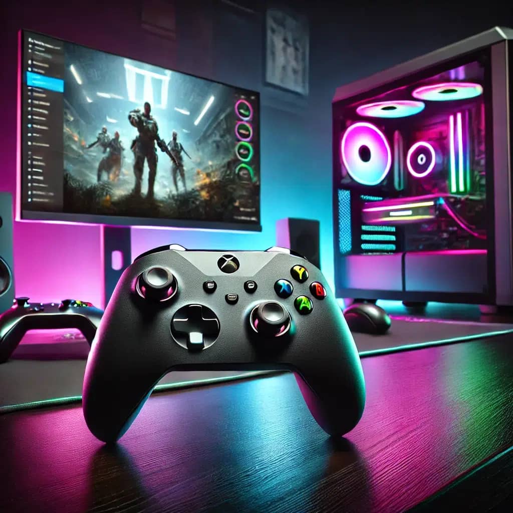 DALL·E 2024 12 31 08 52 31 A sleek and ergonomic Xbox controller placed on a modern gaming desk, connected to a high end gaming PC setup with RGB lighting The background includ