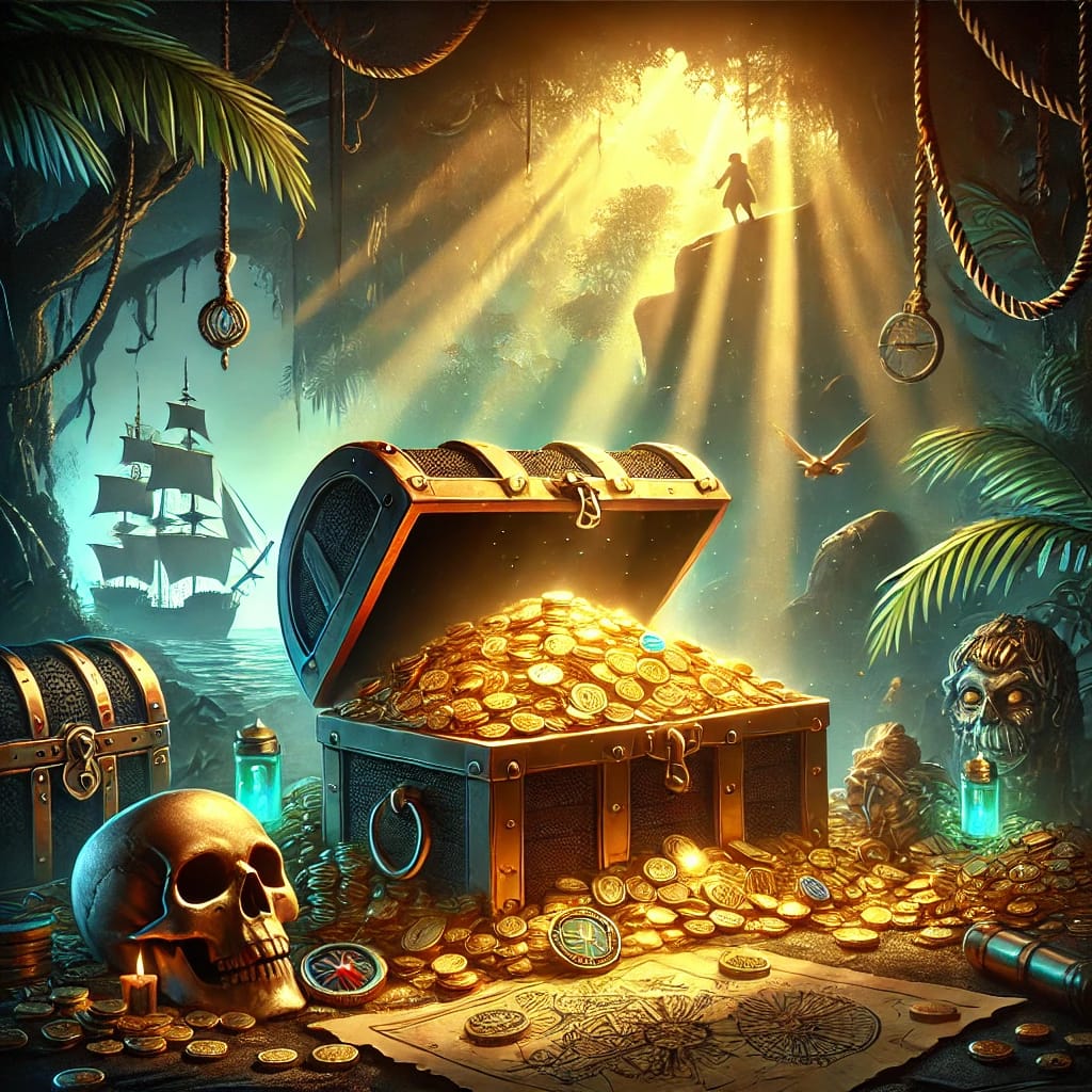 DALL·E 2025 01 08 20 25 46 Create a captivating featured image for the blog 'Flint Treasure of Oblivion ' The image should feature a treasure chest brimming with gold coins, je