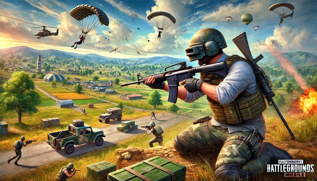 DALL·E 2024 12 04 22.18.17 A highly detailed and dynamic illustration of a battle royale scene inspired by PUBG Mobile BGMI Battlegrounds Mobile India. The image depicts an in