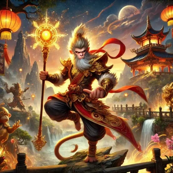 DALL·E 2024 12 28 23 31 32 A stunning digital painting of the Monkey King (Sun Wukong) in a mythical Chinese landscape inspired by Black Myth Wukong The scene features Wukong w