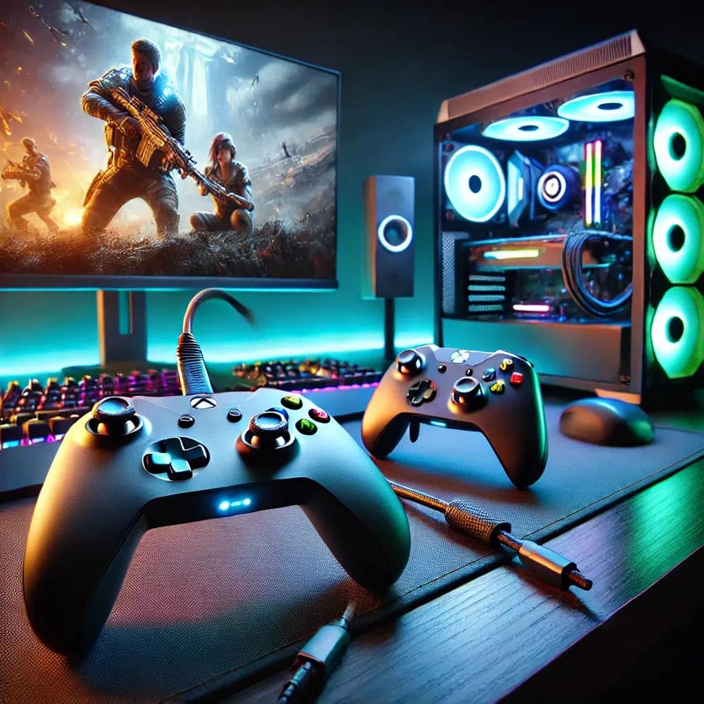 DALL·E 2024 12 31 08 52 35 A dynamic scene of two Xbox controllers on a modern gaming desk connected to a high end gaming PC setup The controllers are placed side by side, one