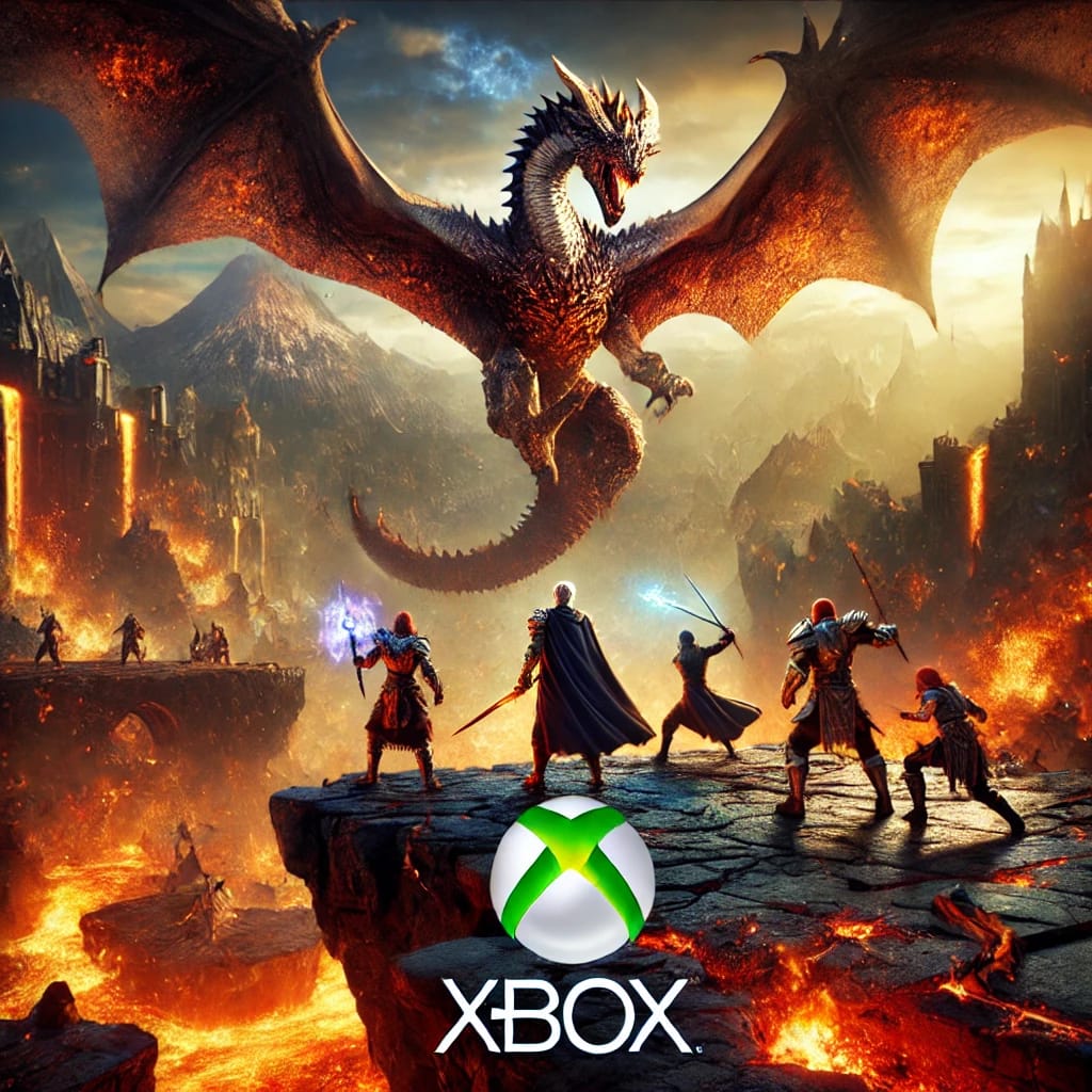 DALL·E 2025 01 05 08 37 35 A visually striking scene from Baldur's Gate 3 on Xbox, focusing on an intense battle sequence with a towering, fire breathing dragon The image captu