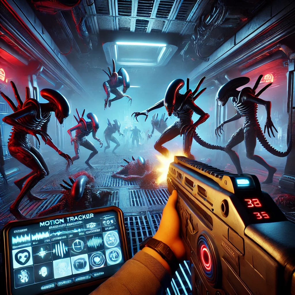 DALL·E 2025 01 12 14 05 19 A gameplay screenshot of 'Alien Rogue Incursion,' depicting intense combat mechanics The scene features a futuristic VR player using a high tech weap